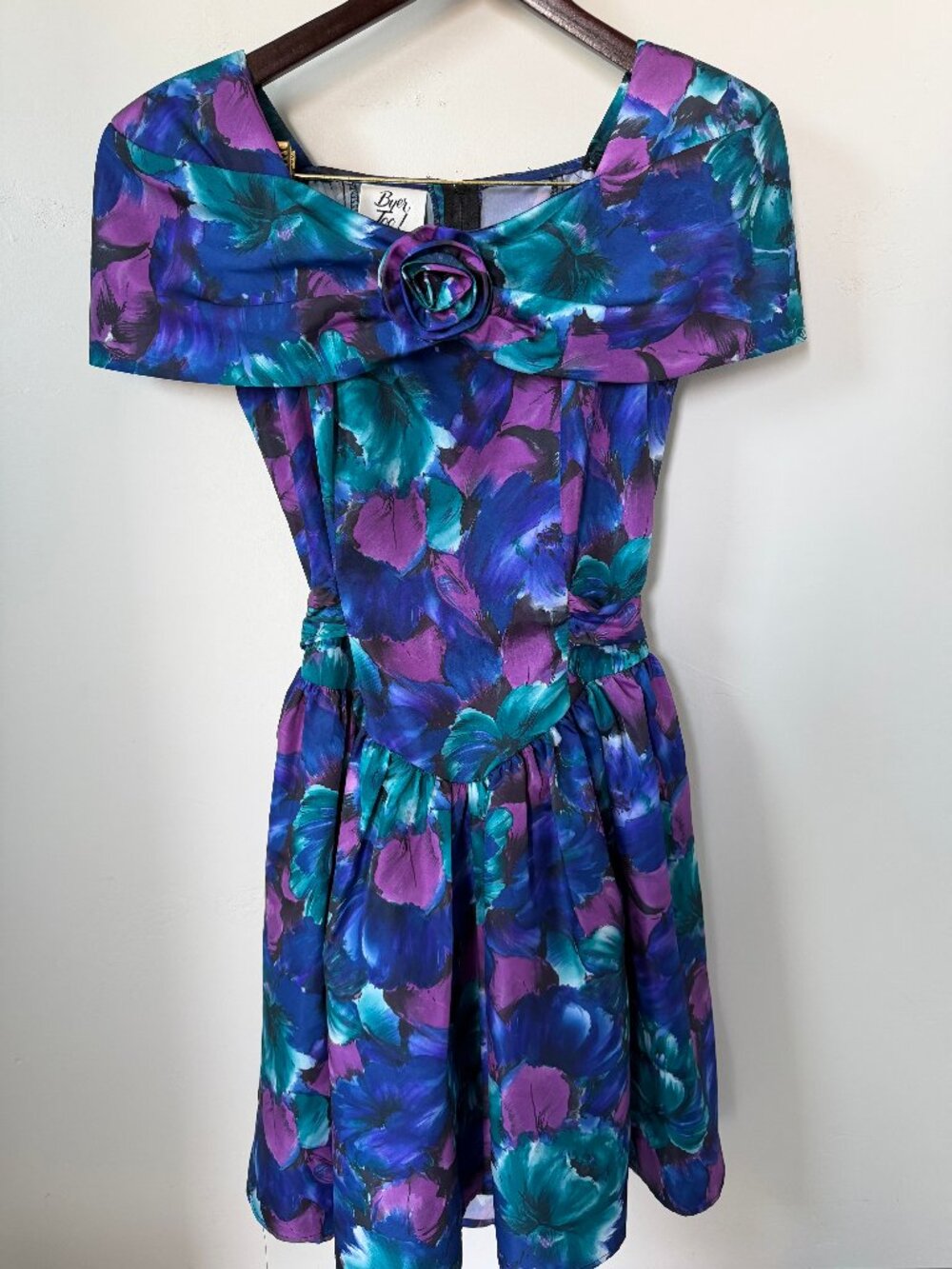 Vintage Byer Too! Floral Off Shoulder Cap Sleeve Dress Juniors Size 7 USA
